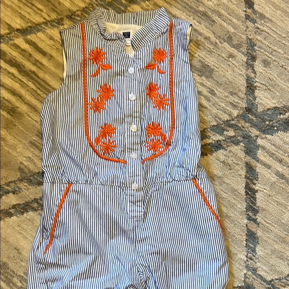 Janie and Jack Blue and White Striped Romper with Floral Embroidery - Picture 1 of 6